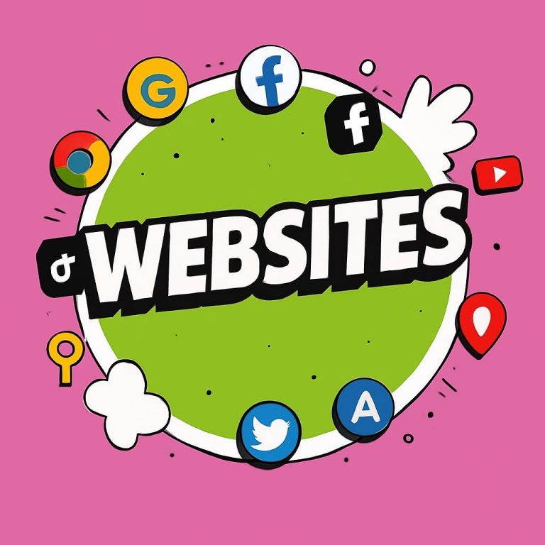 Colourful graphic featuring social media and web icons with the text "WEBSITES".